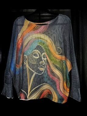 ✨️ITALIAN KNIT Black Sweater with Rainbow Line-Art Face!